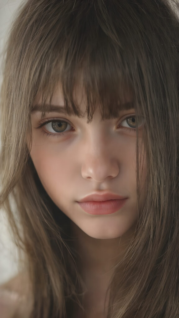 a (((very detailed and realistic portrait))), featuring a (((cute teen girl))) with ((extremely long, straight, thick, untucked (natural dark) hair)), which flows down in a (soft, gradient slope) and gently curls around her face, paired with ((extremely realistic detailed (brown eyes))), ((realistic detailed (pale, translucent skin)), and ((extremely realistic detailed (full kissable lips))), that curve in a (delicate, natural pose) against a backdrop of ((extreme front-facing view)), where her skin is ((extremely illuminated)), giving off an (extreme front-of-the-neck detail) and a (softly glowing natural complexion), all rendered in an (8K UHD) image with ((cinematic-quality color grading)) and ((cinematic-quality lighting)), embodying an (ultimate realism)