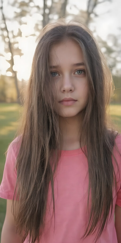 a (((very detailed and realistic photo from a (((cute teen girl))) with ((extremely long, straight, thick, jet soft (natural dark) hair)) stands in front of the viewer, she wears a pink t-shirt, all against a natural sunny backdrop in the park, Photograph Portrait Symmetrical Close-up Warm tones