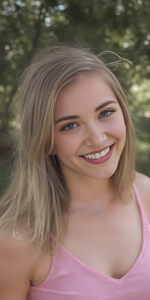 a (((very detailed and realistic photo from a (((cute young teen girl))), (she laughs and is very happy and radiates pure joy), with ((straight, thick, jet soft shoulder-length (golden) hair)), round face, full lips, withe teeth, light blue eyes, she wears a pink short cropped tank top with deep v-neck, she has a perfect curved body, all against a natural sunny backdrop in the park, photograph, portrait, symmetrical, close-up, warm tones, side view