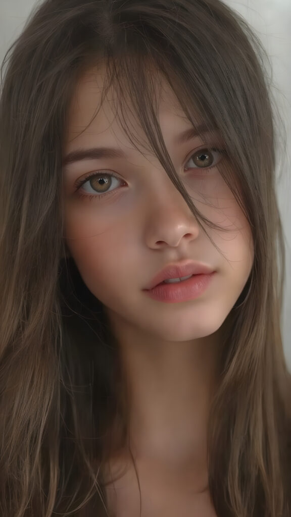 a (((very detailed and realistic portrait))), featuring a (((cute teen girl))) with ((extremely long, straight, thick, untucked (natural dark) hair)), which flows down in a (soft, gradient slope) and gently curls around her face, paired with ((extremely realistic detailed (brown eyes))), ((realistic detailed (pale, translucent skin)), and ((extremely realistic detailed (full kissable lips))), that curve in a (delicate, natural pose) against a backdrop of ((extreme front-facing view)), where her skin is ((extremely illuminated)), giving off an (extreme front-of-the-neck detail) and a (softly glowing natural complexion), all rendered in an (8K UHD) image with ((cinematic-quality color grading)) and ((cinematic-quality lighting)), embodying an (ultimate realism)