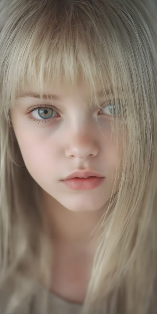 a (((very detailed and realistic full-body portrait))), featuring a (((cute teen girl))) with ((extremely long, straight, thick, untucked (natural white) hair)), which flows down in a (soft, gradient slope) and gently curls around her face, paired with ((extremely realistic detailed (brown eyes))), ((realistic detailed (pale, translucent skin)), and ((extremely realistic detailed (full kissable lips))), that curve in a (delicate, natural pose) against a backdrop of ((extreme front-facing view)), where her skin is ((extremely illuminated)), giving off an (extreme front-of-the-neck detail) and a (softly glowing natural complexion), all rendered in an (8K UHD) image with ((cinematic-quality color grading)) and ((cinematic-quality lighting)), embodying an (ultimate realism)