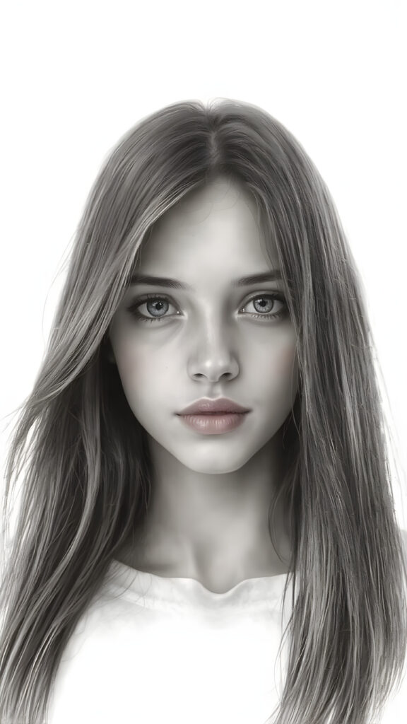 a (((very detailed and realistic (((black and white charcoal drawing))) ((upper body)) portrait))), featuring a (((cute teen girl))) with ((extremely long, straight, thick, untucked (natural dark) hair)), which flows down in a (soft, gradient slope) and gently curls around her face, paired with ((extremely realistic detailed (brown eyes))), ((realistic detailed (tanned, translucent skin)), and ((extremely realistic detailed (full kissable lips))), that curve in a (delicate, natural pose) against a backdrop of ((extreme front-facing view)), where her skin is ((extremely illuminated)), giving off an (extreme front-of-the-neck detail) and a (softly glowing natural complexion), all rendered in an (8K UHD) image with ((cinematic-quality black and white grading)) and ((cinematic-quality lighting)), embodying an (ultimate realism)