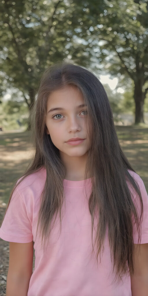 a (((very detailed and realistic photo from a (((cute teen girl))) with ((extremely long, straight, thick, jet soft (natural dark) hair)) stands in front of the viewer, she wears a pink t-shirt, all against a natural sunny backdrop in the park, Photograph Portrait Symmetrical Close-up Warm tones