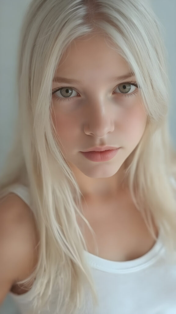 a very detailed and realistic portrait of a (((cute teen girl))), 13 years old, ((long straight (white hair))), ((realistic detailed (brown eyes))), (((thin lips))), ((realistic detailed, light brown eyes)), ((face illuminated)), (((looking into the camera))), (((wearing a very low cut (white tank top) made on fine wool))), perfect curved fit body