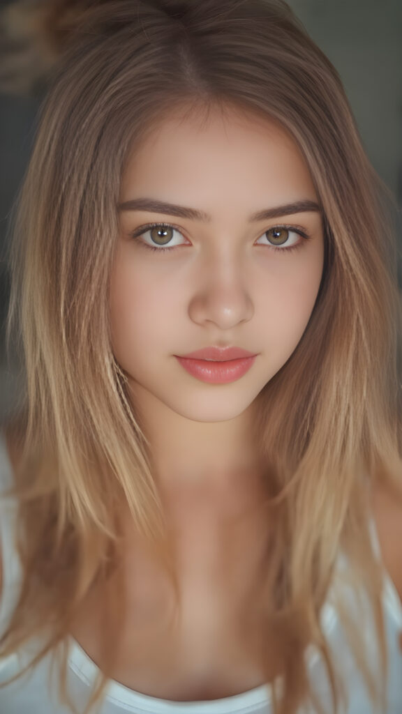 a very detailed and realistic portrait of a (((cute and attractive teen girl))), ((long yet straight (copper-blond hair))), ((realistic detailed (brown eyes))), (((full kissable lips))), ((realistic detailed, light amber eyes)), ((face illuminated)), (((wearing a very low cut (white tank top)))), perfect curved fit body