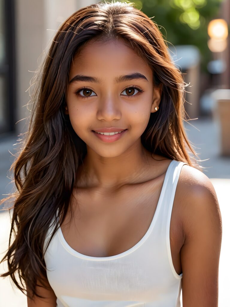 a very detailed and realistic (((full body)) portrait of a (((brown-skinned teen girl))), 14 years old, ((long straight (dark brown hair))), ((realistic detailed (big brown eyes))), (((thin lips))), ((realistic detailed (brown skin))), (((light brown (eyes))), ((catchlights in both eyes)), ((matching eyes)), ((bright smile)), ((face illuminated)), (((looking into the camera))), (((wearing a very low cut (white tank top) made on thin silk)))