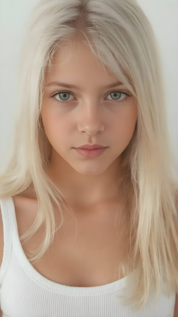 a very detailed and realistic portrait of a (((cute teen girl))), 13 years old, ((long straight (white hair))), ((realistic detailed (brown eyes))), (((thin lips))), ((realistic detailed, light brown eyes)), ((face illuminated)), (((looking into the camera))), (((wearing a very low cut (white tank top) made on fine wool))), perfect curved fit body