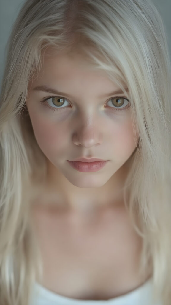 a very detailed and realistic portrait of a (((cute teen girl))), 13 years old, ((long straight (white hair))), ((realistic detailed (brown eyes))), (((thin lips))), ((realistic detailed, light brown eyes)), ((face illuminated)), (((looking into the camera))), (((wearing a very low cut (white tank top) made on fine wool))), perfect curved fit body