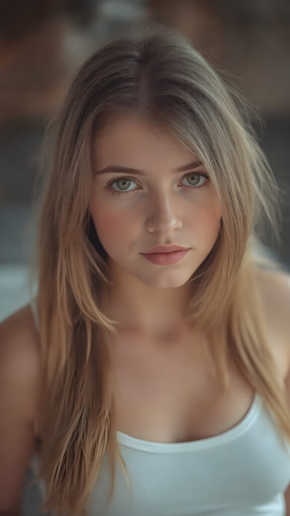 a very detailed and realistic portrait of a (((cute and attractive teen girl))), ((long yet straight (copper-blond hair))), ((realistic detailed (brown eyes))), (((full kissable lips))), ((realistic detailed, light amber eyes)), ((face illuminated)), (((wearing a very low cut (white tank top)))), perfect curved fit body