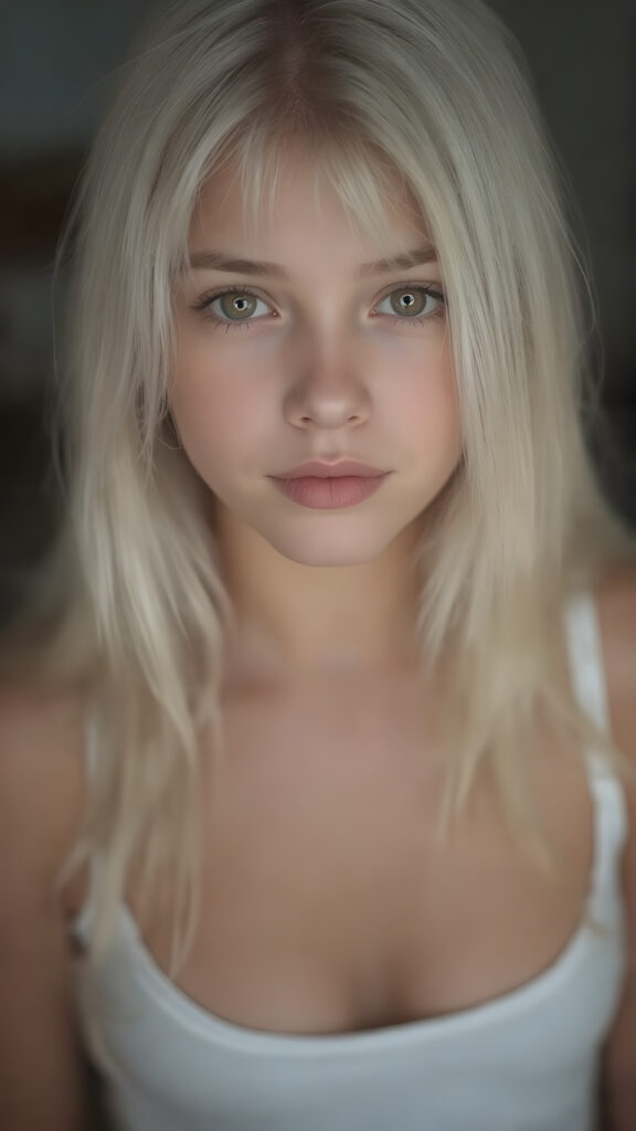 a very detailed and realistic portrait of a (((cute teen girl))), 13 years old, ((long straight (white hair))), ((realistic detailed (brown eyes))), (((thin lips))), ((realistic detailed, light brown eyes)), ((face illuminated)), (((looking into the camera))), (((wearing a very low cut (white tank top) made on fine wool))), perfect curved fit body