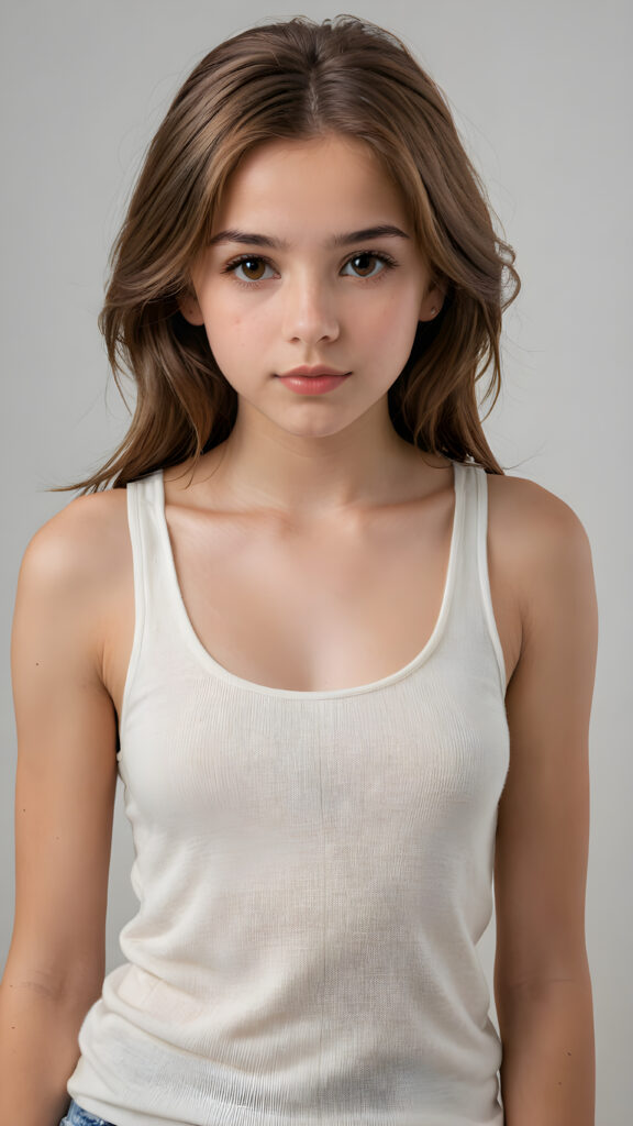 a very detailed and realistic portrait of a (((cute teen girl))), 13 years old, ((long yet straight (cooper-brown hair))), ((realistic detailed (brown eyes))), (((full kissable lips))), ((realistic detailed, light amber eyes)), ((face illuminated)), (((wearing a very low cut (white tank top) made on fine wool))), perfect curved fit body