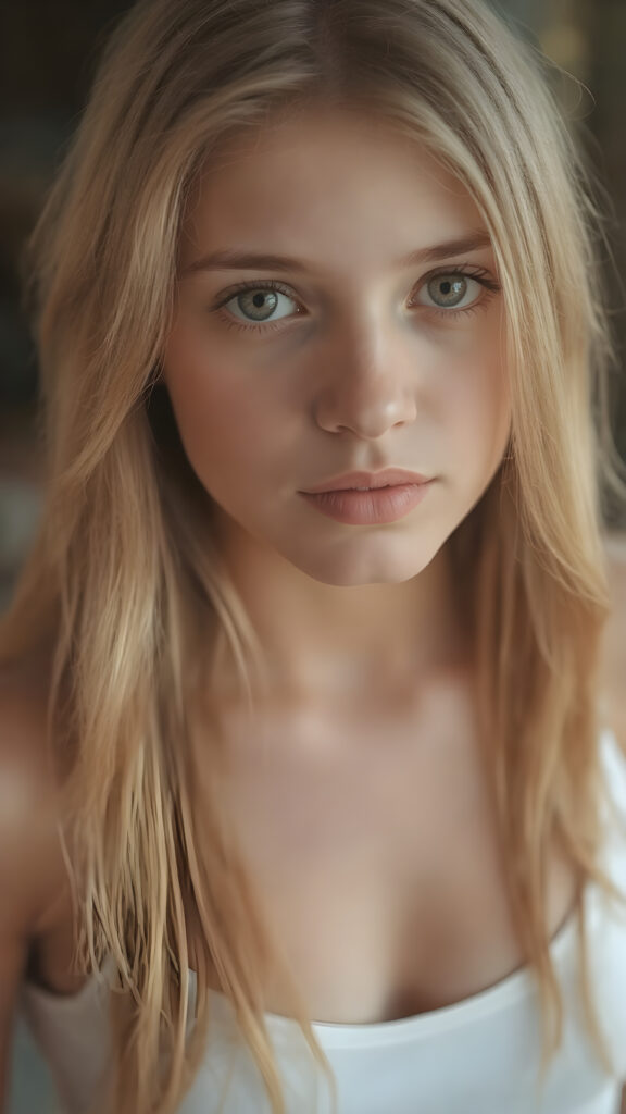 a very detailed and realistic portrait of a (((cute and attractive teen girl))), ((long yet straight (copper-blond hair))), ((realistic detailed (brown eyes))), (((full kissable lips))), ((realistic detailed, light amber eyes)), ((face illuminated)), (((wearing a very low cut (white tank top)))), perfect curved fit body