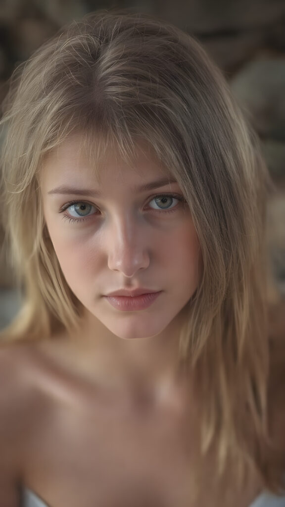 a very detailed and realistic portrait of a (((cute and attractive teen girl))), ((long yet straight (copper-blond hair))), ((realistic detailed (brown eyes))), (((full kissable lips))), ((realistic detailed, light amber eyes)), ((face illuminated)), (((wearing a very low cut (white tank top)))), perfect curved fit body