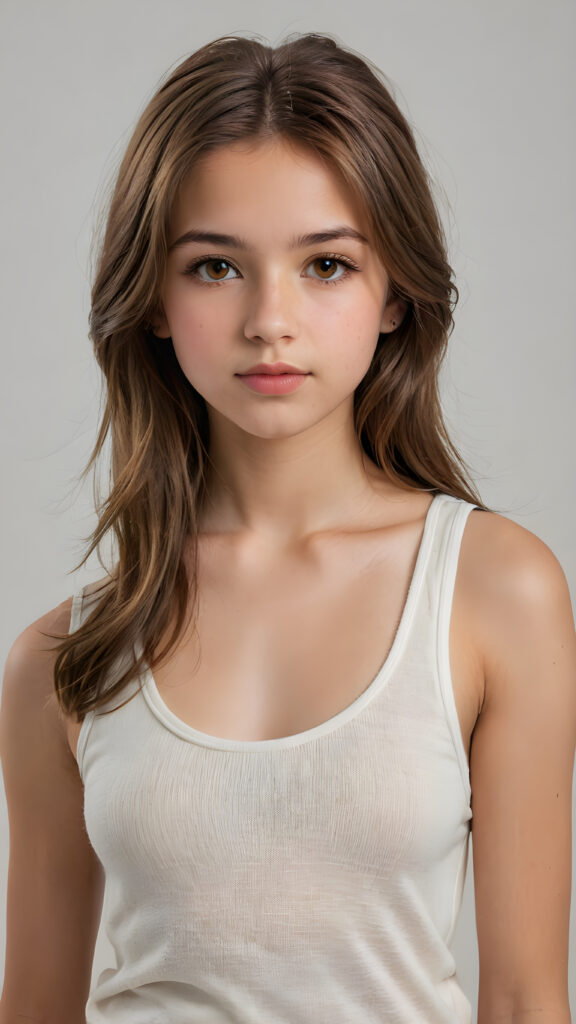 a very detailed and realistic portrait of a (((cute teen girl))), 13 years old, ((long yet straight (cooper-brown hair))), ((realistic detailed (brown eyes))), (((full kissable lips))), ((realistic detailed, light amber eyes)), ((face illuminated)), (((wearing a very low cut (white tank top) made on fine wool))), perfect curved fit body