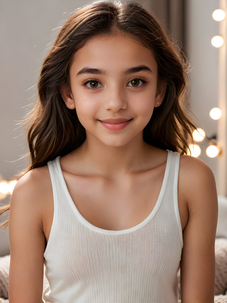 a very detailed and realistic (((full body)) portrait of a (((brown-skinned teen girl))), 14 years old, ((long straight (dark brown hair))), ((realistic detailed (big brown eyes))), (((thin lips))), ((realistic detailed (brown skin))), (((light brown (eyes))), ((face illuminated)), (((looking into the camera))), (((wearing a very low cut (white tank top) made on fine wool)))