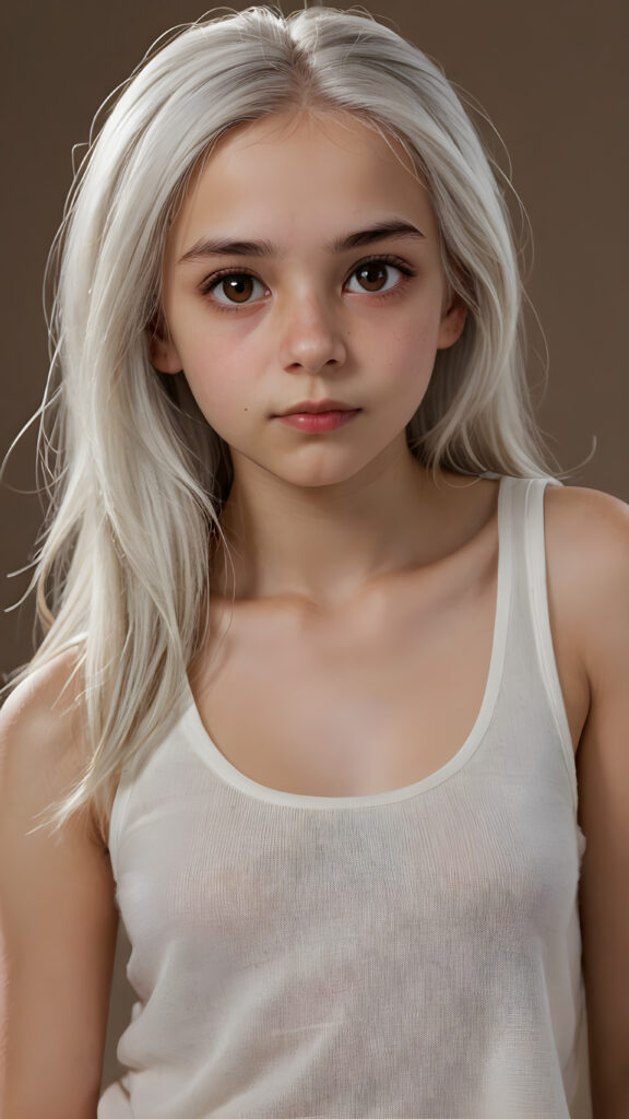 a very detailed and realistic portrait of a (((cute teen girl))), 13 years old, ((long straight (white hair))), ((realistic detailed (brown eyes))), (((thin lips))), ((realistic detailed, light brown eyes)), ((face illuminated)), (((looking into the camera))), (((wearing a very low cut (white tank top) made on fine wool))), perfect curved fit body