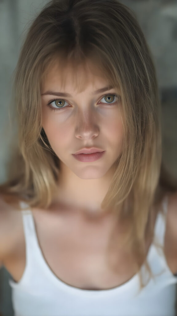 a very detailed and realistic portrait of a (((cute and attractive teen girl))), ((long yet straight (copper-blond hair))), ((realistic detailed (brown eyes))), (((full kissable lips))), ((realistic detailed, light amber eyes)), ((face illuminated)), (((wearing a very low cut (white tank top)))), perfect curved fit body