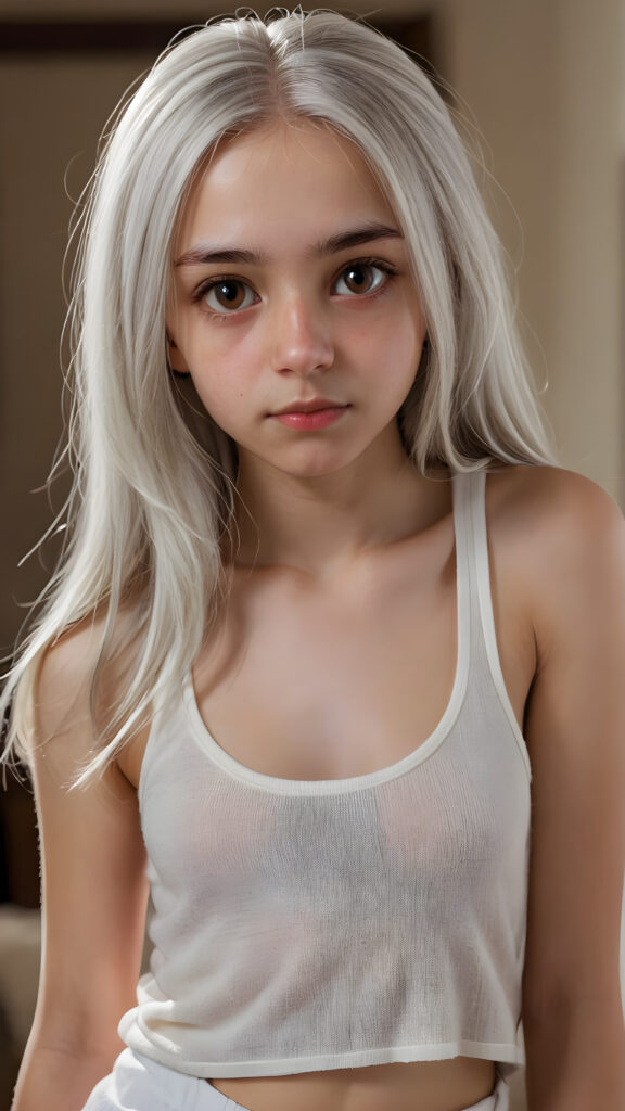 a very detailed and realistic portrait of a (((cute teen girl))), 13 years old, ((long straight (white hair))), ((realistic detailed (brown eyes))), (((thin lips))), ((realistic detailed, light brown eyes)), ((face illuminated)), (((looking into the camera))), (((wearing a very low cut (white tank top) made on fine wool))), perfect curved fit body