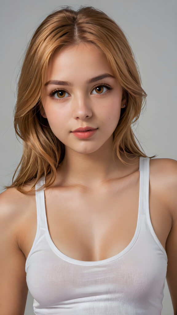 a very detailed and realistic portrait of a (((cute and attractive teen girl))), ((long yet straight (copper-blond hair))), ((realistic detailed (brown eyes))), (((full kissable lips))), ((realistic detailed, light amber eyes)), ((face illuminated)), (((wearing a very low cut (white tank top)))), perfect curved fit body