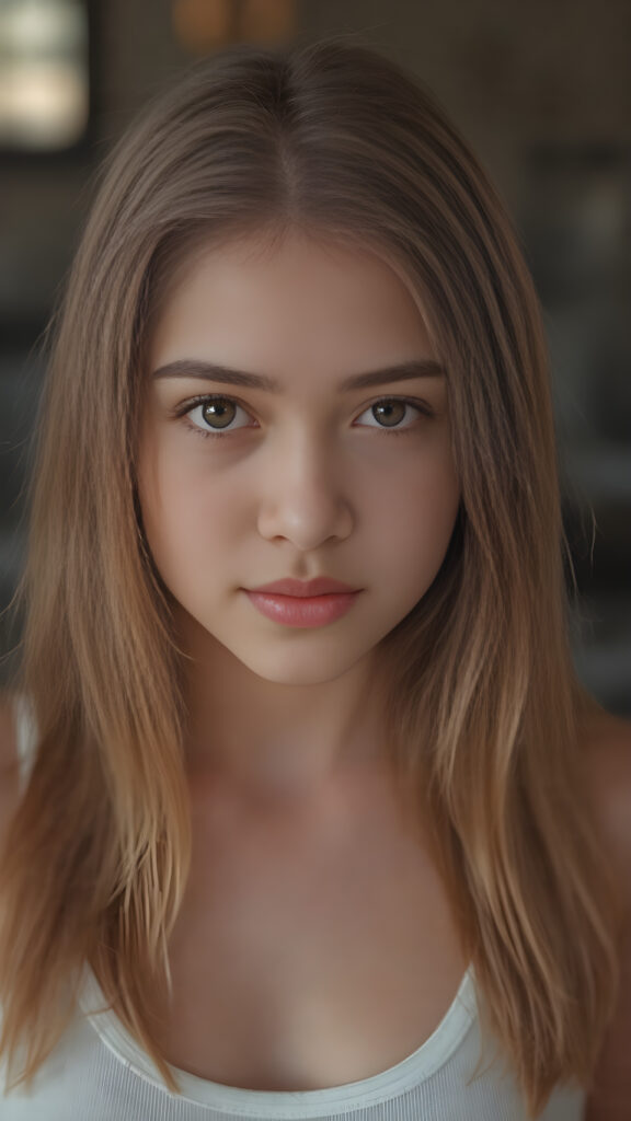 a very detailed and realistic portrait of a (((cute and attractive teen girl))), ((long yet straight (copper-blond hair))), ((realistic detailed (brown eyes))), (((full kissable lips))), ((realistic detailed, light amber eyes)), ((face illuminated)), (((wearing a very low cut (white tank top)))), perfect curved fit body