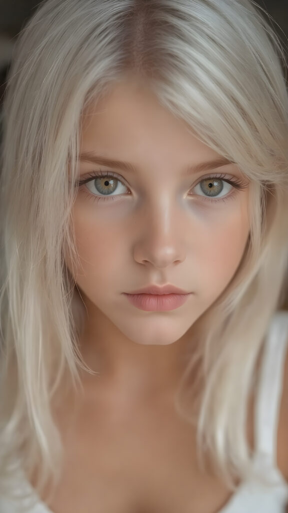 a very detailed and realistic portrait of a (((cute teen girl))), 13 years old, ((long straight (white hair))), ((realistic detailed (brown eyes))), (((thin lips))), ((realistic detailed, light brown eyes)), ((face illuminated)), (((looking into the camera))), (((wearing a very low cut (white tank top) made on fine wool))), perfect curved fit body