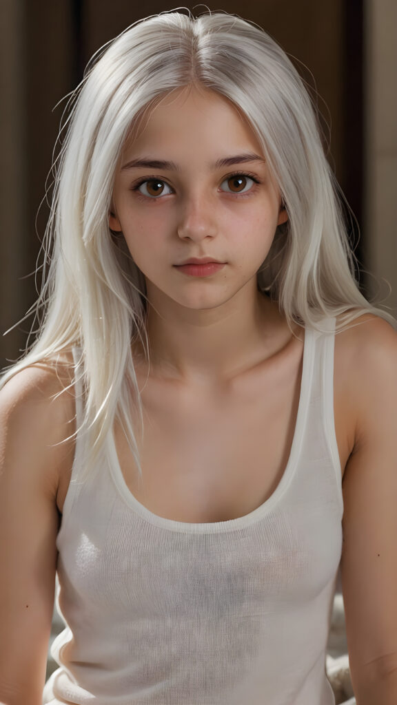 a very detailed and realistic portrait of a (((cute teen girl))), 13 years old, ((long straight (white hair))), ((realistic detailed (brown eyes))), (((thin lips))), ((realistic detailed, light brown eyes)), ((face illuminated)), (((looking into the camera))), (((wearing a very low cut (white tank top) made on fine wool))), perfect curved fit body