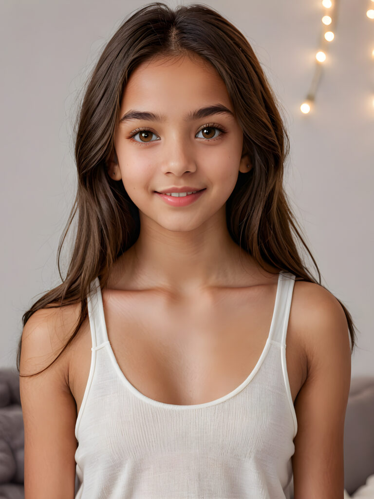 a very detailed and realistic (((full body)) portrait of a (((brown-skinned teen girl))), 14 years old, ((long straight (dark brown hair))), ((realistic detailed (big brown eyes))), (((thin lips))), ((realistic detailed (brown skin))), (((light brown (eyes))), ((face illuminated)), (((looking into the camera))), (((wearing a very low cut (white tank top) made on fine wool)))