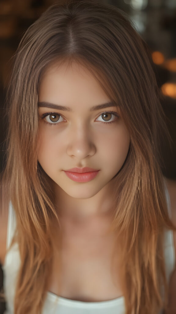 a very detailed and realistic portrait of a (((cute and attractive teen girl))), ((long yet straight (copper-blond hair))), ((realistic detailed (brown eyes))), (((full kissable lips))), ((realistic detailed, light amber eyes)), ((face illuminated)), (((wearing a very low cut (white tank top)))), perfect curved fit body