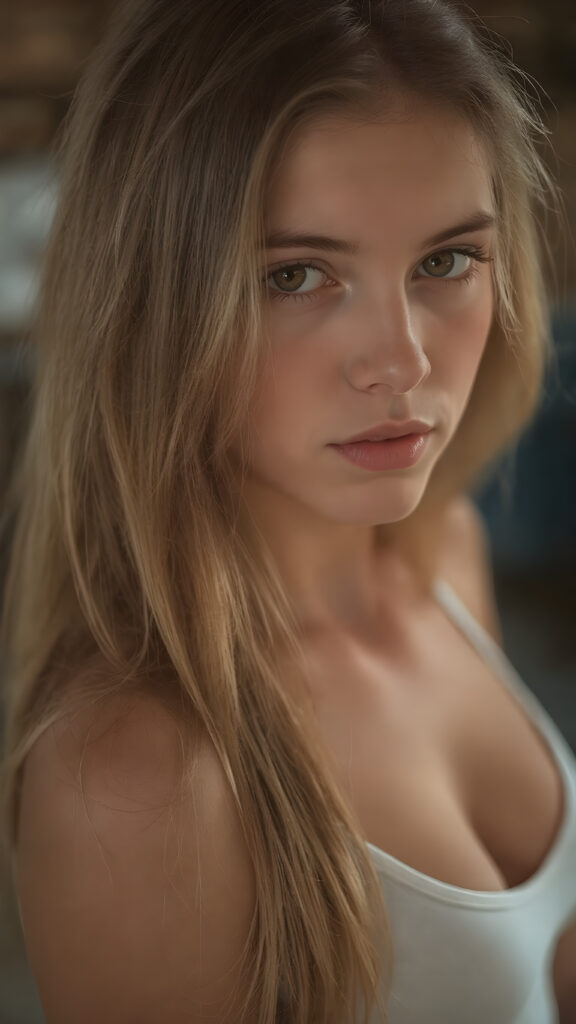 a very detailed and realistic portrait of a (((cute and attractive teen girl))), ((long yet straight (copper-blond hair))), ((realistic detailed (brown eyes))), (((full kissable lips))), ((realistic detailed, light amber eyes)), ((face illuminated)), (((wearing a very low cut (white tank top)))), perfect curved fit body