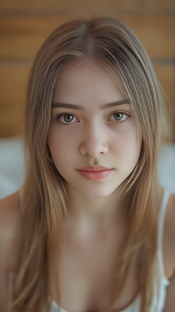 a very detailed and realistic portrait of a (((cute and attractive teen girl))), ((long yet straight (copper-blond hair))), ((realistic detailed (brown eyes))), (((full kissable lips))), ((realistic detailed, light amber eyes)), ((face illuminated)), (((wearing a very low cut (white tank top)))), perfect curved fit body