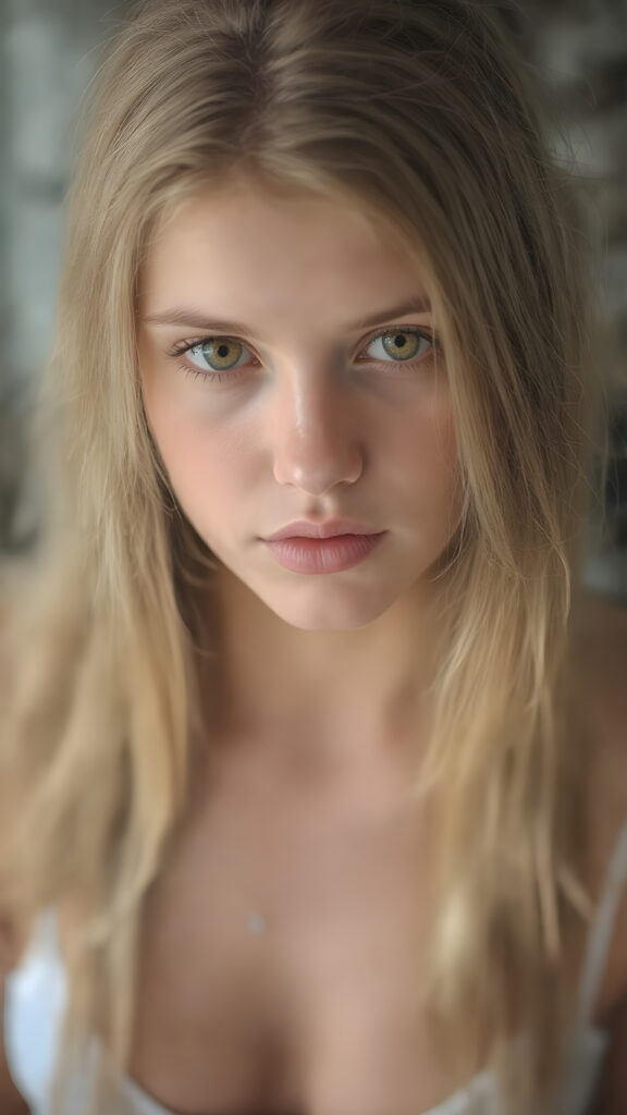 a very detailed and realistic portrait of a (((cute and attractive teen girl))), ((long yet straight (copper-blond hair))), ((realistic detailed (brown eyes))), (((full kissable lips))), ((realistic detailed, light amber eyes)), ((face illuminated)), (((wearing a very low cut (white tank top)))), perfect curved fit body