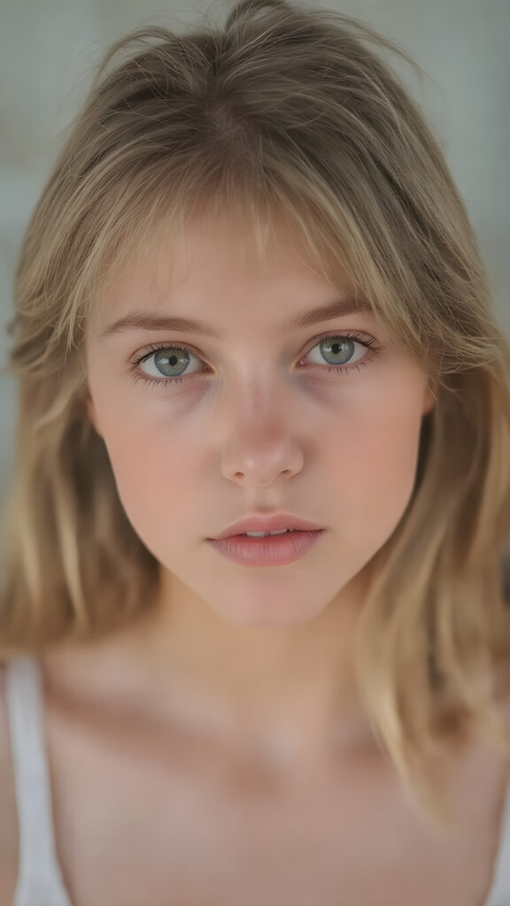 a very detailed and realistic portrait of a (((cute and attractive teen girl))), ((long yet straight (copper-blond hair))), ((realistic detailed (brown eyes))), (((full kissable lips))), ((realistic detailed, light amber eyes)), ((face illuminated)), (((wearing a very low cut (white tank top)))), perfect curved fit body