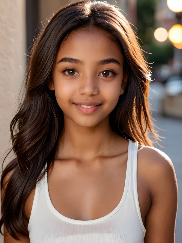 a very detailed and realistic (((full body)) portrait of a (((brown-skinned teen girl))), 14 years old, ((long straight (dark brown hair))), ((realistic detailed (big brown eyes))), (((thin lips))), ((realistic detailed (brown skin))), (((light brown (eyes))), ((catchlights in both eyes)), ((matching eyes)), ((bright smile)), ((face illuminated)), (((looking into the camera))), (((wearing a very low cut (white tank top) made on thin silk)))