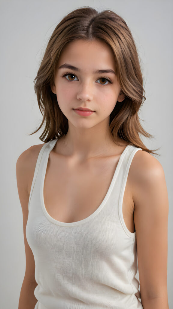 a very detailed and realistic portrait of a (((cute teen girl))), 13 years old, ((long yet straight (cooper-brown hair))), ((realistic detailed (brown eyes))), (((full kissable lips))), ((realistic detailed, light amber eyes)), ((face illuminated)), (((wearing a very low cut (white tank top) made on fine wool))), perfect curved fit body