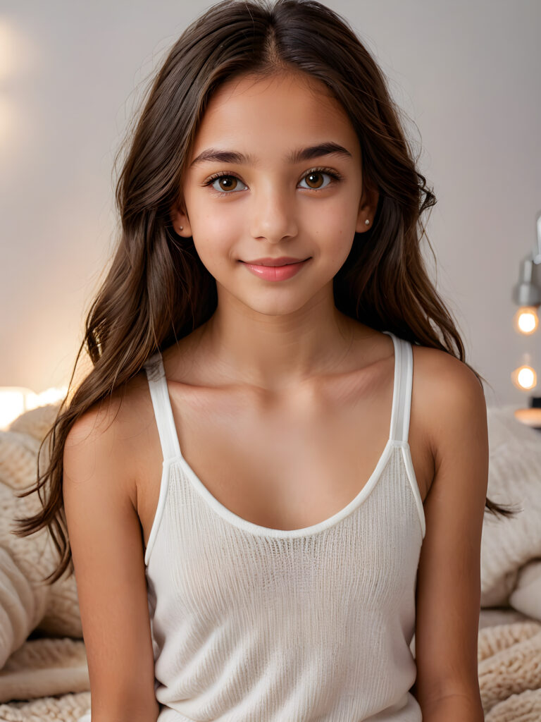 a very detailed and realistic (((full body)) portrait of a (((brown-skinned teen girl))), 14 years old, ((long straight (dark brown hair))), ((realistic detailed (big brown eyes))), (((thin lips))), ((realistic detailed (brown skin))), (((light brown (eyes))), ((face illuminated)), (((looking into the camera))), (((wearing a very low cut (white tank top) made on fine wool)))