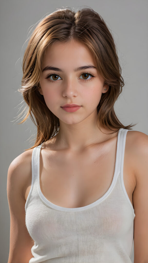 a very detailed and realistic portrait of a (((cute teen girl))), 13 years old, ((long yet straight (cooper-brown hair))), ((realistic detailed (brown eyes))), (((full kissable lips))), ((realistic detailed, light amber eyes)), ((face illuminated)), (((wearing a very low cut (white tank top) made on fine wool))), perfect curved fit body