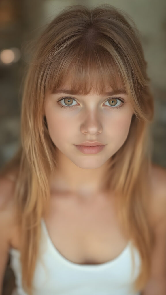 a very detailed and realistic portrait of a (((cute and attractive teen girl))), ((long yet straight (copper-blond hair))), ((realistic detailed (brown eyes))), (((full kissable lips))), ((realistic detailed, light amber eyes)), ((face illuminated)), (((wearing a very low cut (white tank top)))), perfect curved fit body