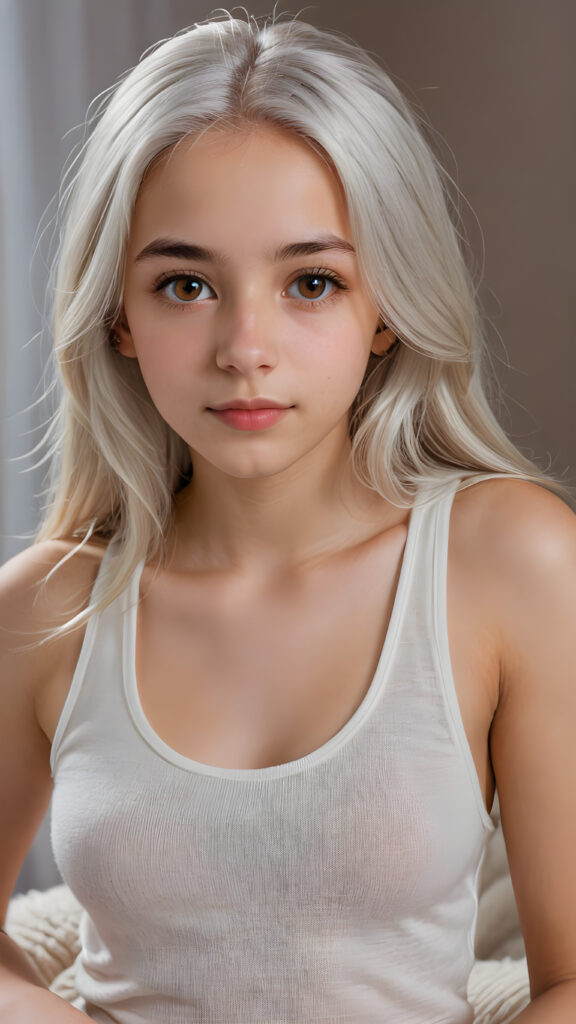 a very detailed and realistic portrait of a (((cute teen girl))), 13 years old, ((long straight (white hair))), ((realistic detailed (brown eyes))), (((thin lips))), ((realistic detailed, light brown eyes)), ((face illuminated)), (((looking into the camera))), (((wearing a very low cut (white tank top) made on fine wool))), perfect curved fit body