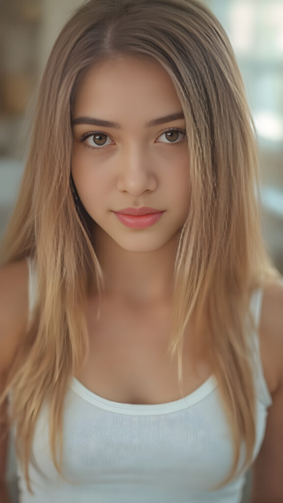 a very detailed and realistic portrait of a (((cute and attractive teen girl))), ((long yet straight (copper-blond hair))), ((realistic detailed (brown eyes))), (((full kissable lips))), ((realistic detailed, light amber eyes)), ((face illuminated)), (((wearing a very low cut (white tank top)))), perfect curved fit body