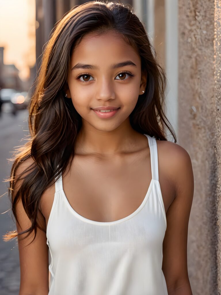 a very detailed and realistic (((full body)) portrait of a (((brown-skinned teen girl))), 14 years old, ((long straight (dark brown hair))), ((realistic detailed (big brown eyes))), (((thin lips))), ((realistic detailed (brown skin))), (((light brown (eyes))), ((catchlights in both eyes)), ((matching eyes)), ((bright smile)), ((face illuminated)), (((looking into the camera))), (((wearing a very low cut (white tank top) made on thin silk)))