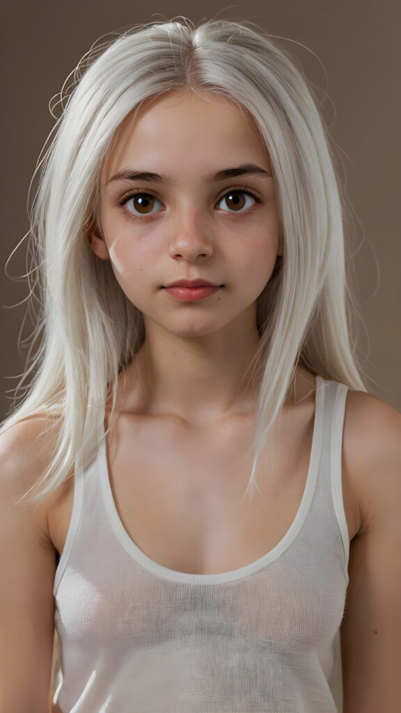 a very detailed and realistic portrait of a (((cute teen girl))), 13 years old, ((long straight (white hair))), ((realistic detailed (brown eyes))), (((thin lips))), ((realistic detailed, light brown eyes)), ((face illuminated)), (((looking into the camera))), (((wearing a very low cut (white tank top) made on fine wool))), perfect curved fit body