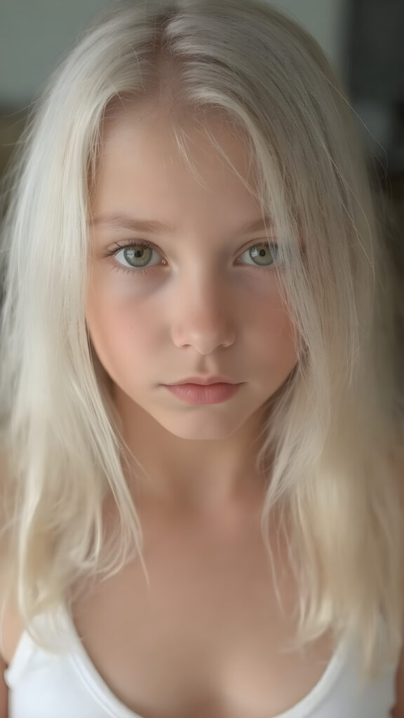 a very detailed and realistic portrait of a (((cute teen girl))), 13 years old, ((long straight (white hair))), ((realistic detailed (brown eyes))), (((thin lips))), ((realistic detailed, light brown eyes)), ((face illuminated)), (((looking into the camera))), (((wearing a very low cut (white tank top) made on fine wool))), perfect curved fit body