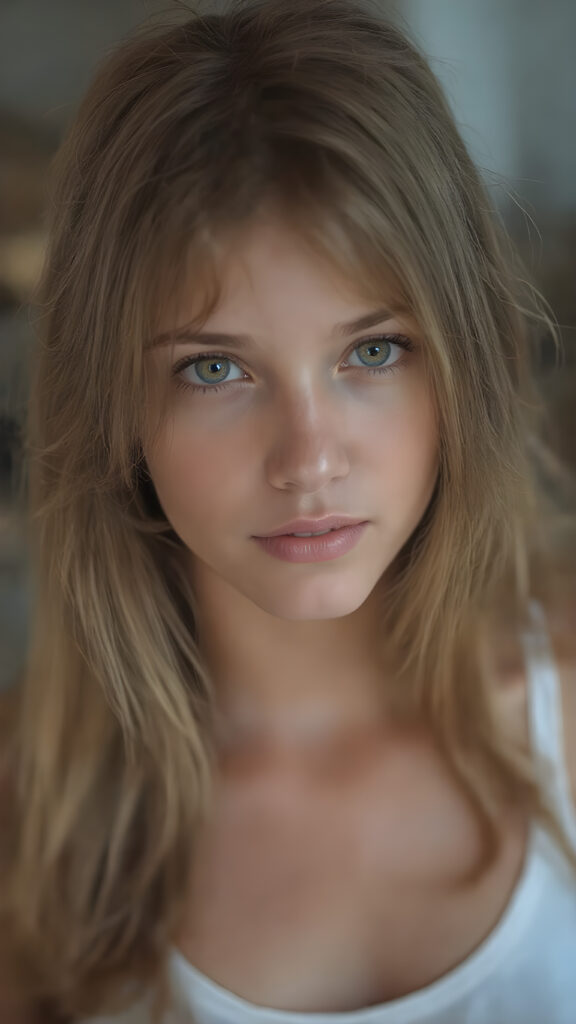 a very detailed and realistic portrait of a (((cute and attractive teen girl))), ((long yet straight (copper-blond hair))), ((realistic detailed (brown eyes))), (((full kissable lips))), ((realistic detailed, light amber eyes)), ((face illuminated)), (((wearing a very low cut (white tank top)))), perfect curved fit body