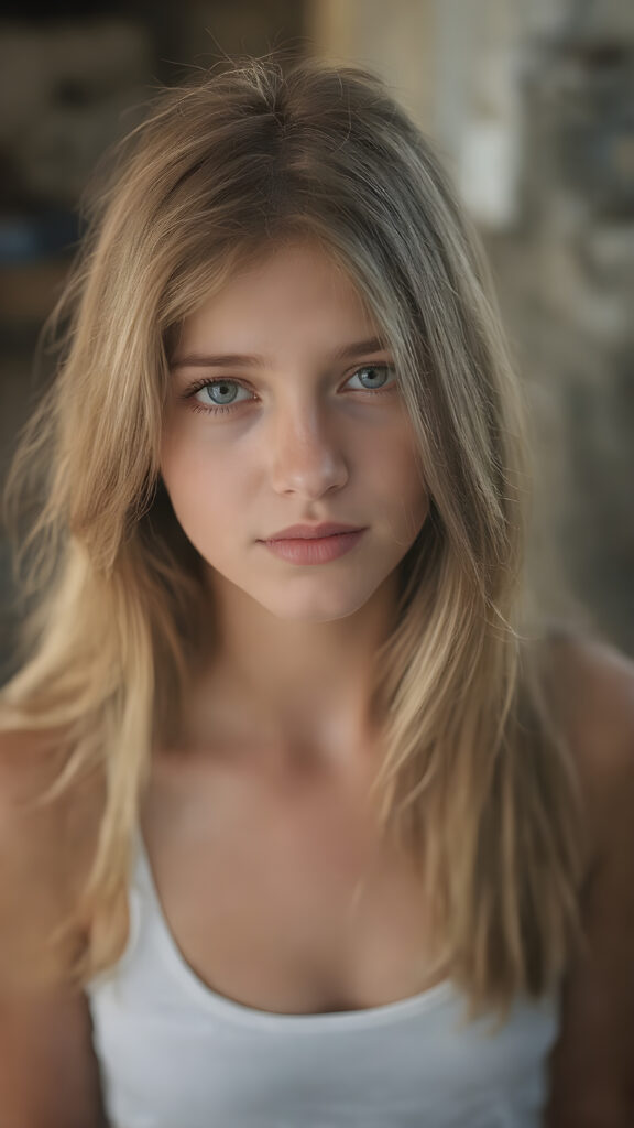 a very detailed and realistic portrait of a (((cute and attractive teen girl))), ((long yet straight (copper-blond hair))), ((realistic detailed (brown eyes))), (((full kissable lips))), ((realistic detailed, light amber eyes)), ((face illuminated)), (((wearing a very low cut (white tank top)))), perfect curved fit body