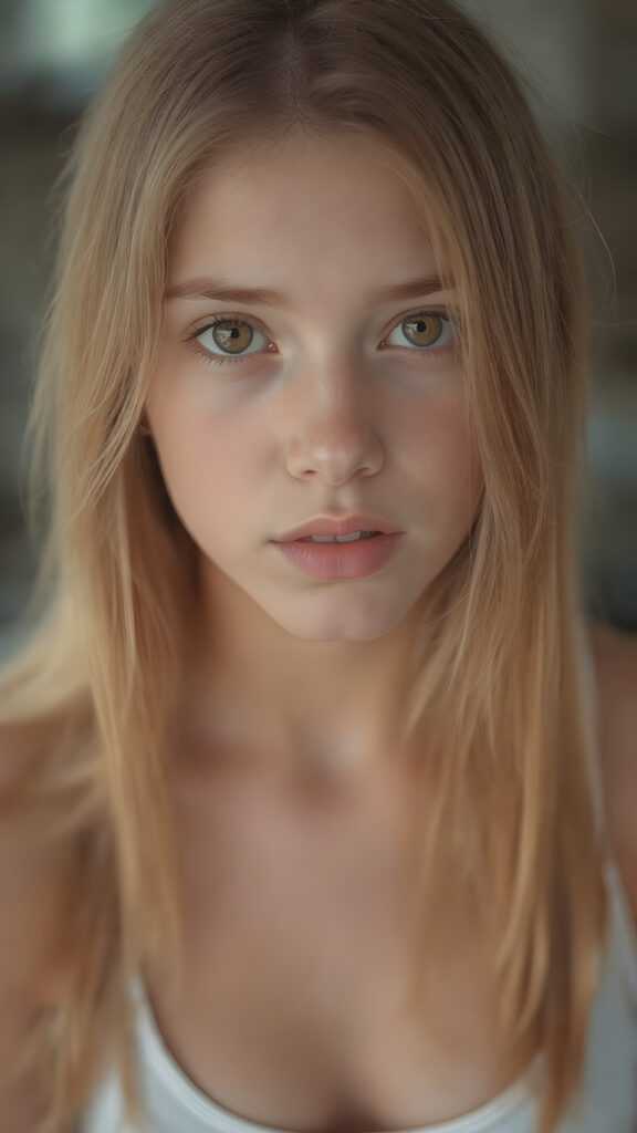 a very detailed and realistic portrait of a (((cute and attractive teen girl))), ((long yet straight (copper-blond hair))), ((realistic detailed (brown eyes))), (((full kissable lips))), ((realistic detailed, light amber eyes)), ((face illuminated)), (((wearing a very low cut (white tank top)))), perfect curved fit body