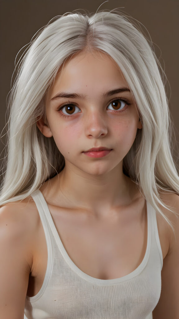 a very detailed and realistic portrait of a (((cute teen girl))), 13 years old, ((long straight (white hair))), ((realistic detailed (brown eyes))), (((thin lips))), ((realistic detailed, light brown eyes)), ((face illuminated)), (((looking into the camera))), (((wearing a very low cut (white tank top) made on fine wool))), perfect curved fit body