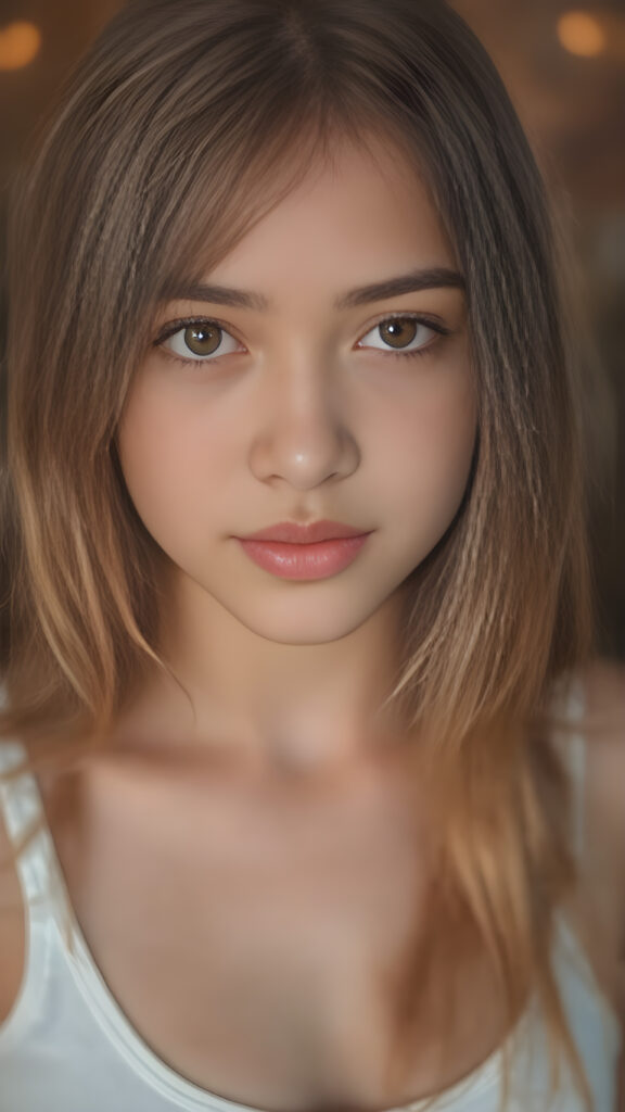 a very detailed and realistic portrait of a (((cute and attractive teen girl))), ((long yet straight (copper-blond hair))), ((realistic detailed (brown eyes))), (((full kissable lips))), ((realistic detailed, light amber eyes)), ((face illuminated)), (((wearing a very low cut (white tank top)))), perfect curved fit body