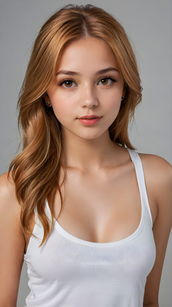 a very detailed and realistic portrait of a (((cute and attractive teen girl))), ((long yet straight (copper-blond hair))), ((realistic detailed (brown eyes))), (((full kissable lips))), ((realistic detailed, light amber eyes)), ((face illuminated)), (((wearing a very low cut (white tank top)))), perfect curved fit body