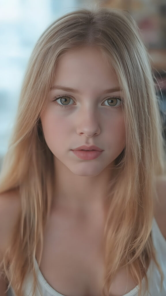 a very detailed and realistic portrait of a (((cute and attractive teen girl))), ((long yet straight (copper-blond hair))), ((realistic detailed (brown eyes))), (((full kissable lips))), ((realistic detailed, light amber eyes)), ((face illuminated)), (((wearing a very low cut (white tank top)))), perfect curved fit body