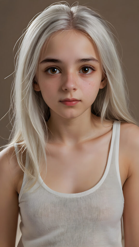 a very detailed and realistic portrait of a (((cute teen girl))), 13 years old, ((long straight (white hair))), ((realistic detailed (brown eyes))), (((thin lips))), ((realistic detailed, light brown eyes)), ((face illuminated)), (((looking into the camera))), (((wearing a very low cut (white tank top) made on fine wool))), perfect curved fit body